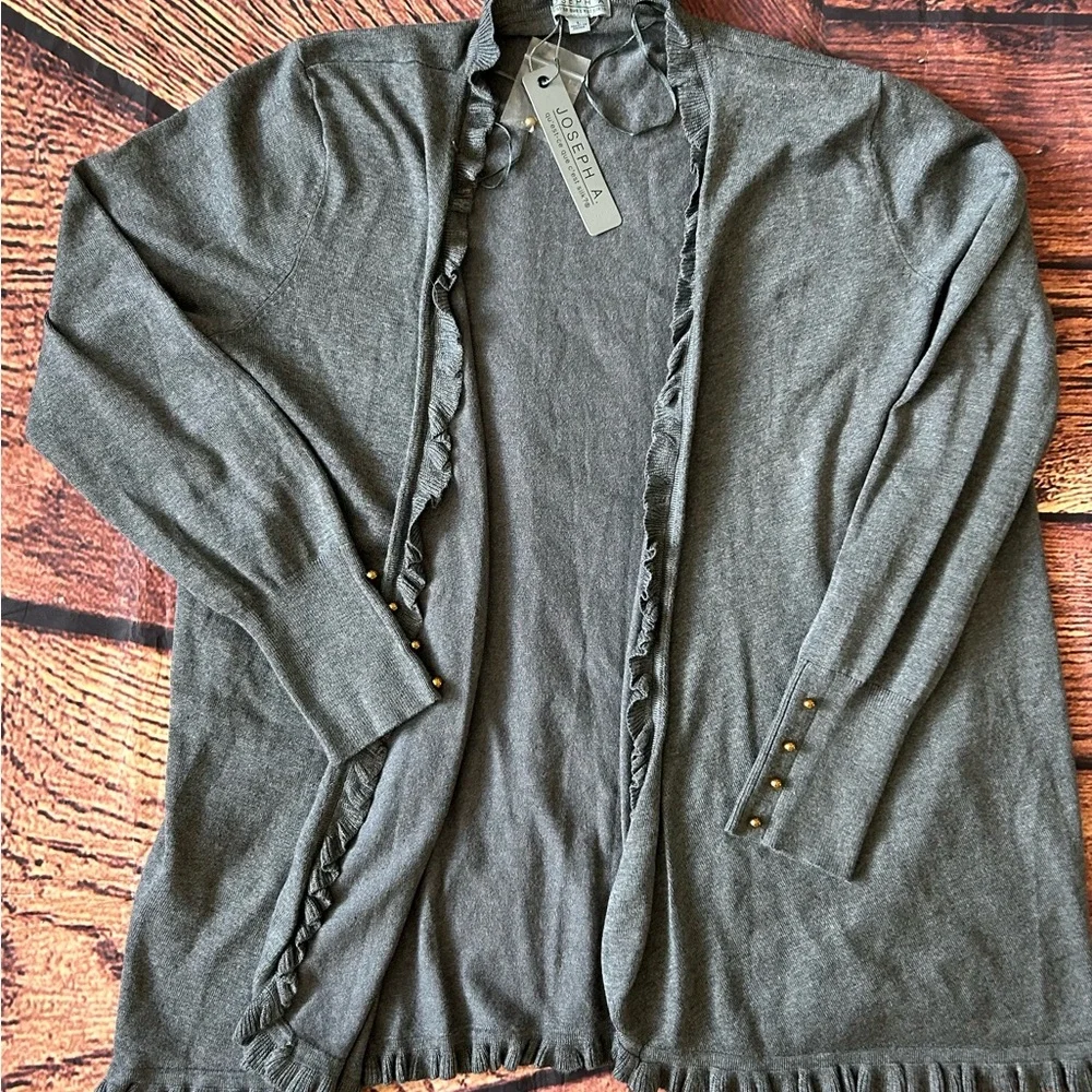 JOSEPH A‎ Women Charcoal Gray Ruffle Long Sleeve Open Front Cardigan Sweater L